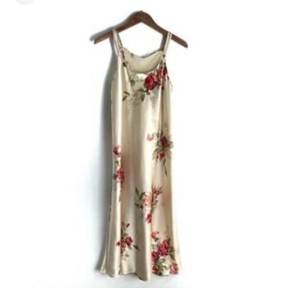 Oscar de la Renta VTG Silky Roses Full Length Nightgown Mesh Back L - Picture 1 of 8